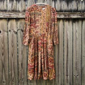 Vintage Mixed Print Midi Dress Size M Long Sleeve Pockets Back Buttons Patchwork